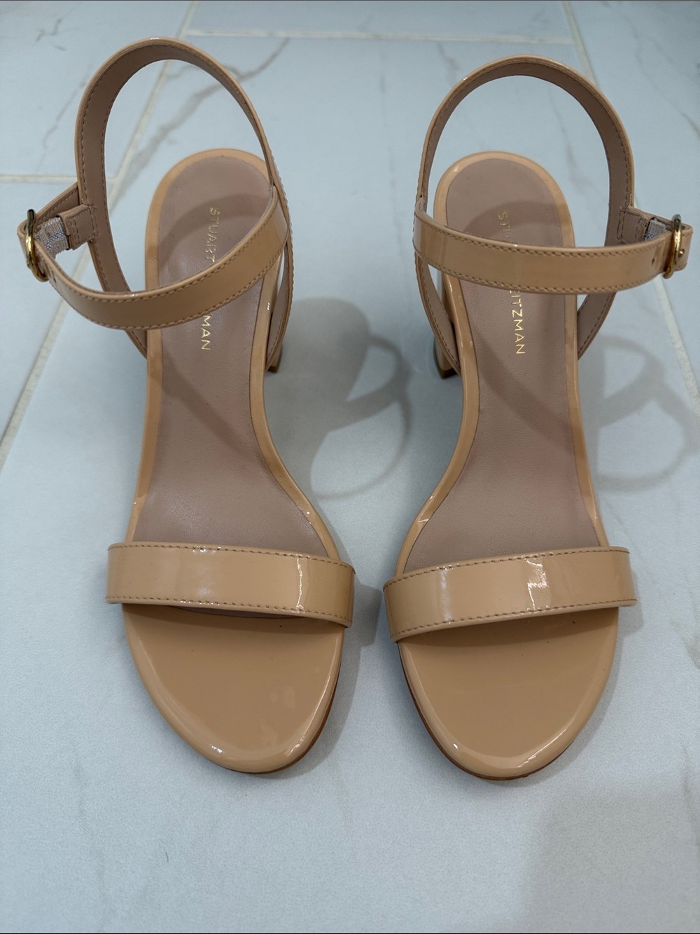 Stuart Weitzman Patent Leather Beige Ankle Strap Heels